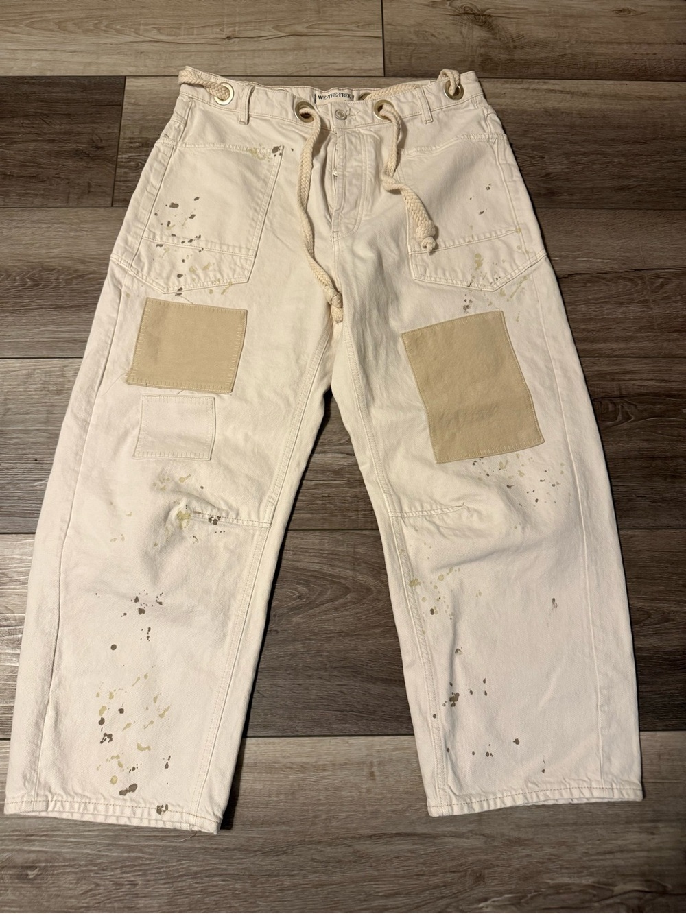 We The Free Moxie Cream Ankle Cropped Barrel Jeans with Patches Free People